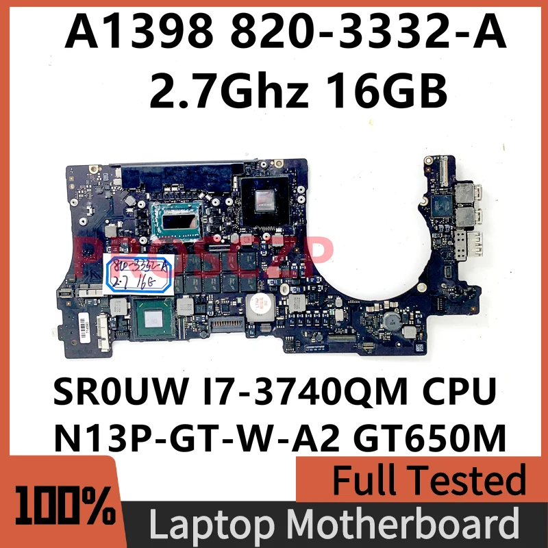 

820-3332-A 2.7Ghz 16GB For APPLE Macbook Pro 15" A1398 Laptop Motherboard N13P-GT-W-A2 GT650M W/ SR0UW I7-3740QM CPU 100% Tested