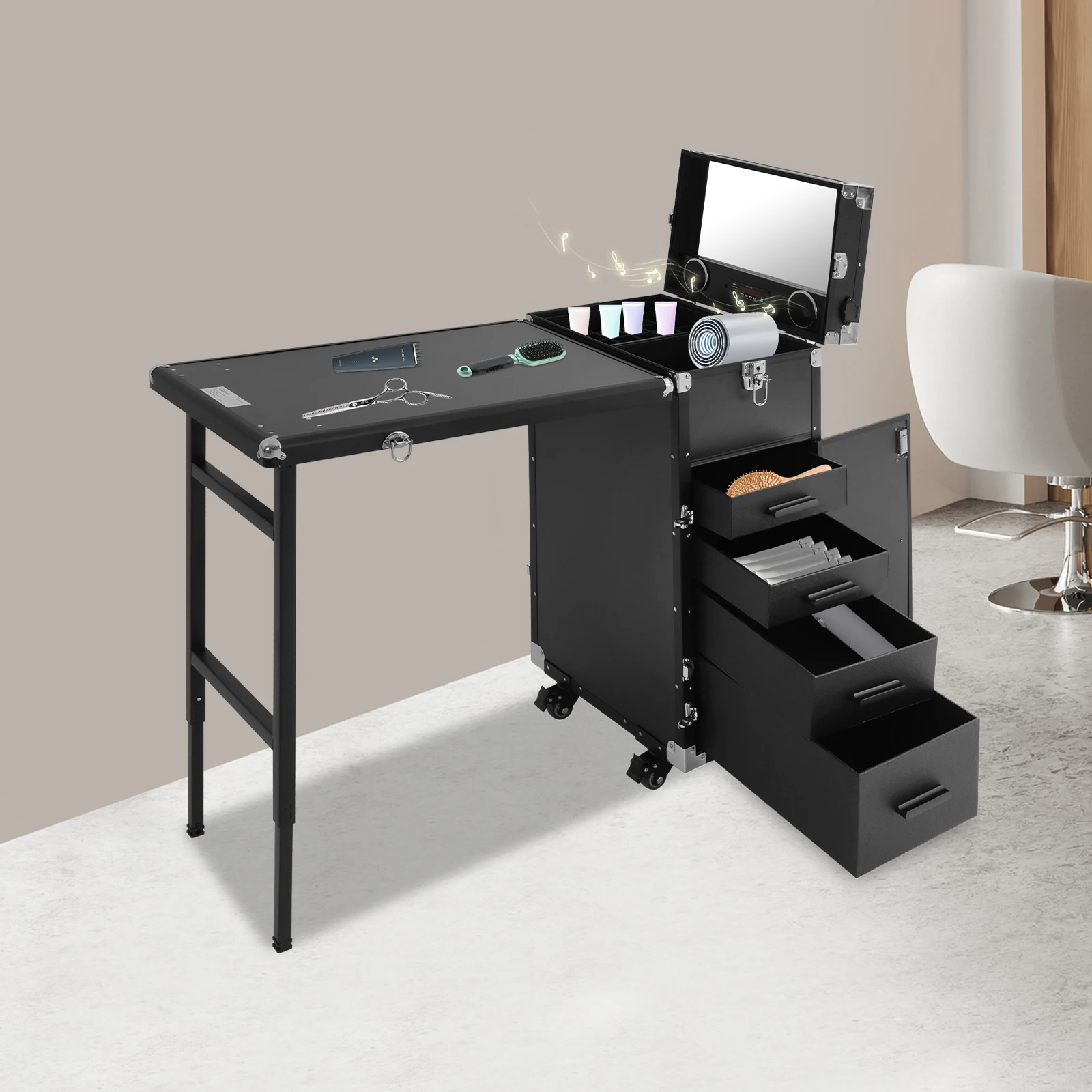 Table de manucure roulante, bureau à ongles Portable, chariot à cosmétiques pliable, organisateur de rangement, étui de Train de maquillage rose/noir