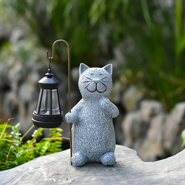 Solar Powered Cat Garden Statue - Outdoor Decor With Automatic LED Lights For Yard & Patio