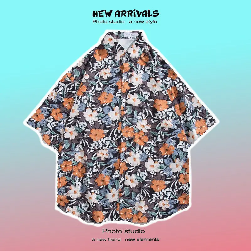 Men Street Fashion Summer Daily Shirt Hawaiian Cartoon Print Casual Loose Shirts Short Sleeve Beach Loose Tops 3