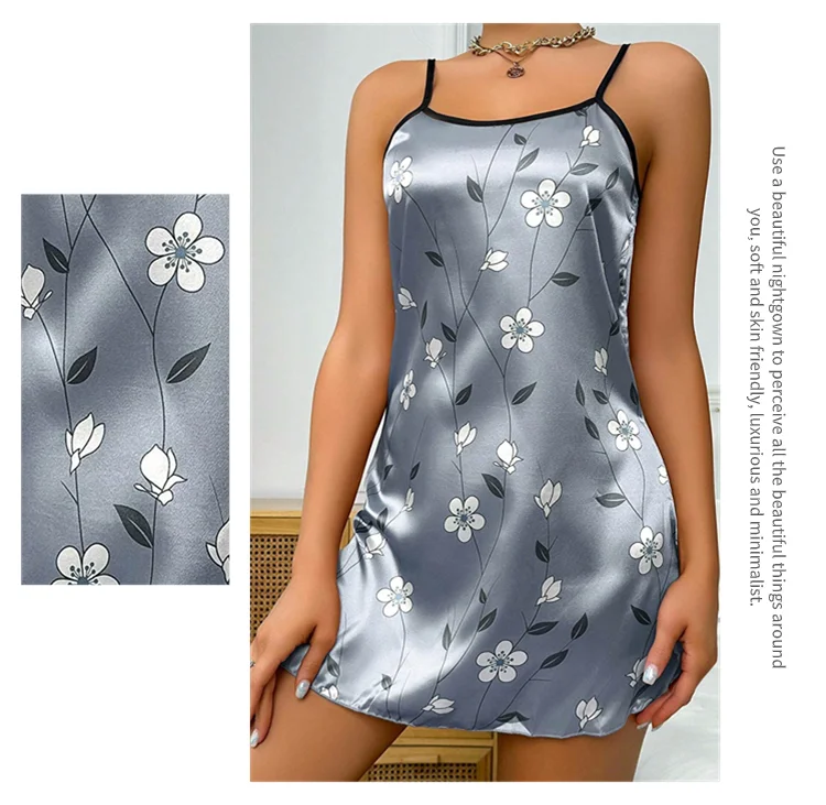 Camisón de satén con estampado Floral para mujer, ropa de dormir cómoda con tirantes finos, lujoso camisón de satén