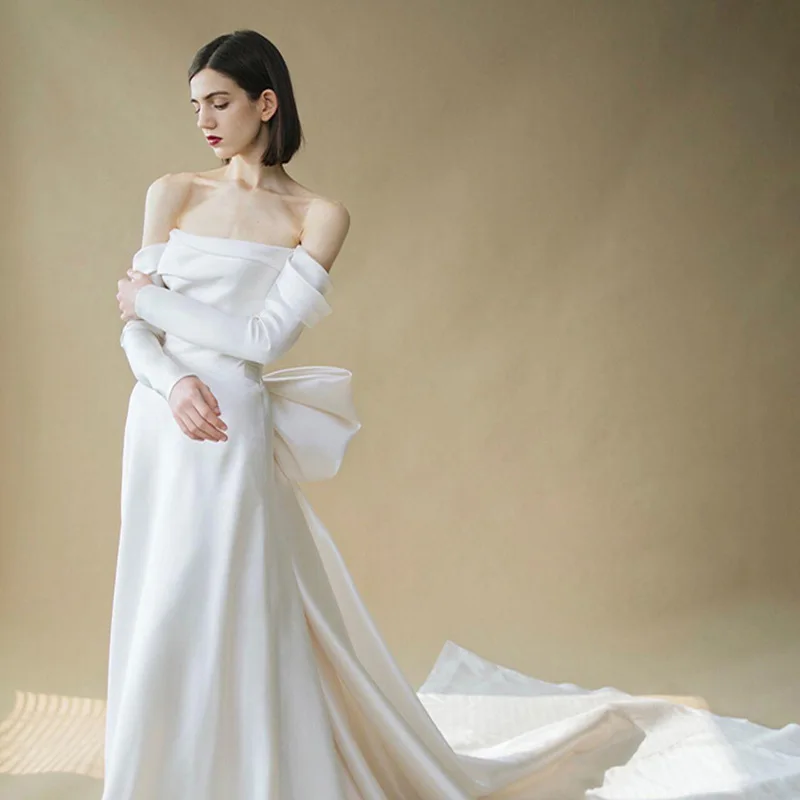 

Женское свадебное платье с вырезом лодочкой, простое платье с маленьким шлейфом и открытой спиной, Новинка