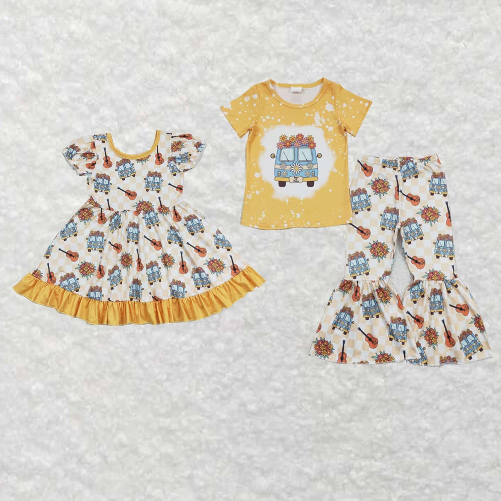 Commercio All'Ingrosso Western Boutique Abbigliamento Per Bambini Neonate Vestiti Fiore Bus Chitarra Giallo Manica Corta Pantaloni Scozzesi Vestito