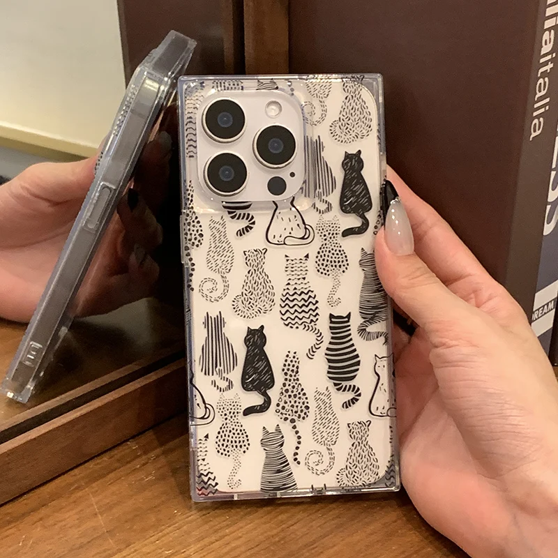 Cartoon Sketch Cats Pattern Right Angled Edge Case For iPhone 16 15 13 14 12 Pro Max Clear Phone Back Cover