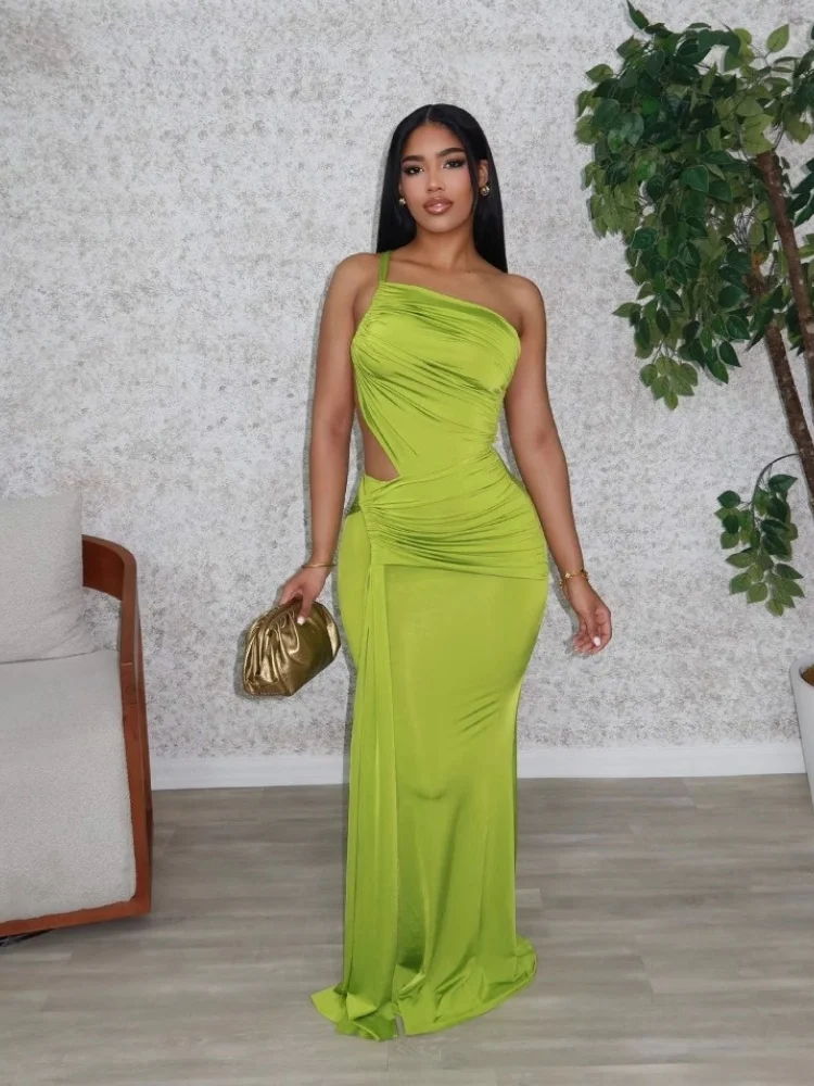 Wmstar Dresses for Women Wholesale Party Sexy Mesh See Through Solid Color Long Dress One Shoulder Pleated Dress Drop Shopping