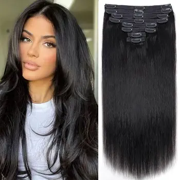 Clip in Hair Extensions Straight Per Set with 18 Clips 120G Double Weft Virgin 100% Human Hair Natural Black Color For Women 1