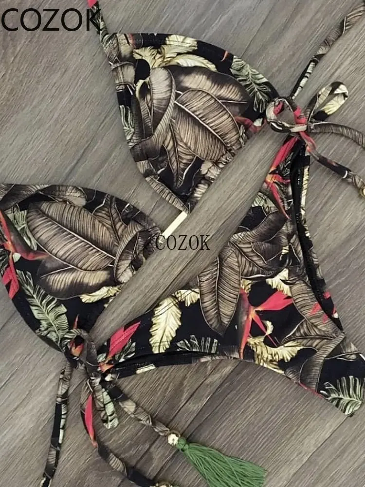 Sexy Micro Bikinis Set 2023 New Swimsuit Women Feather Print Bandage Swimwear Female Bathing Suit Brazilian Biquinis