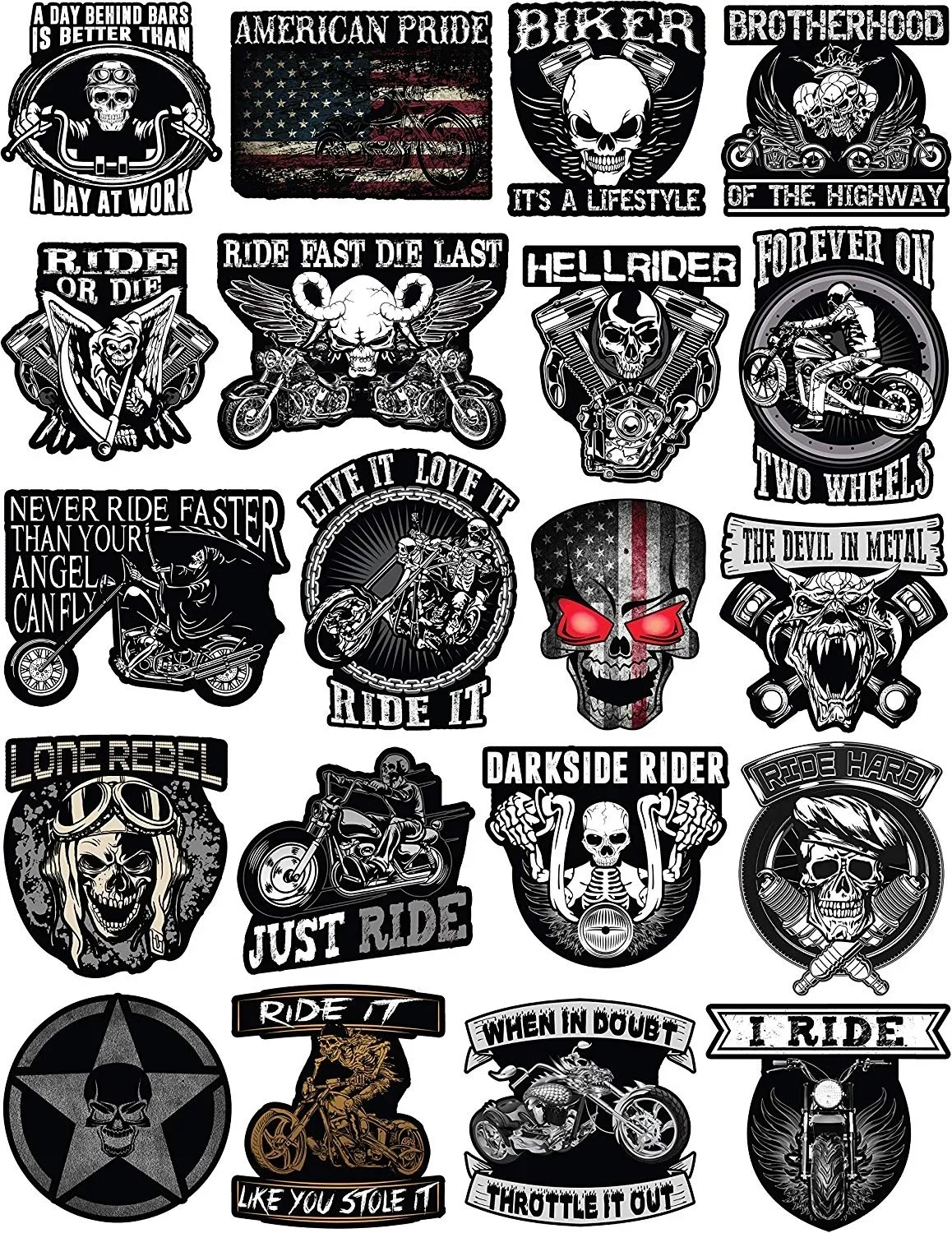 

For 20 Motorcycle Stickers - 100% Vinyl for AdultsBadass Decals Including Skulls, American Flag