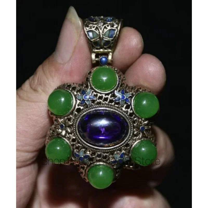 2.8 Pollici Vecchia Cina Miao Argento Intarsiato Verde Gemma Cloisonne Fiore Ciondolo Gioielli