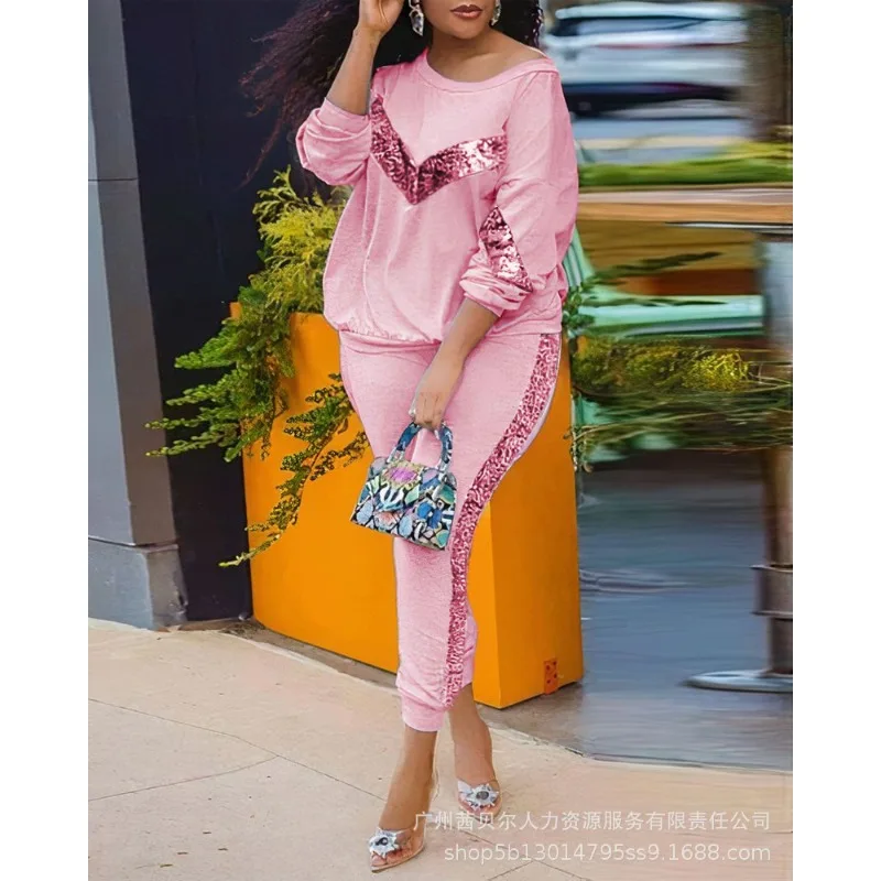 

Wepbel Sequin Stitching Sweatshirt Tops Women Pencil Pants Two Piece Sets Outfits Casual Pullover Top and Casual Skinny Trousers