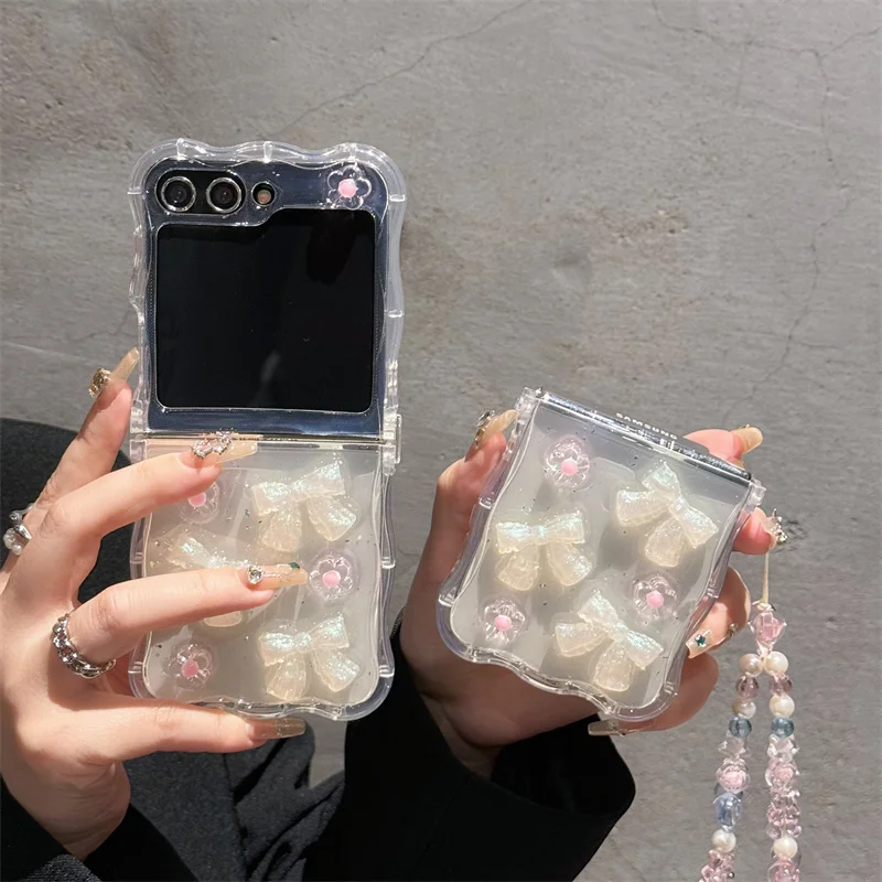 한국 귀여운 꽃 활 휴대폰 케이스, 삼성 갤럭시 Z 플립 5 4 3 Z 플립 4 플립 5 플립 3 5G 커버, 체인 카와이 실리콘 케이스 