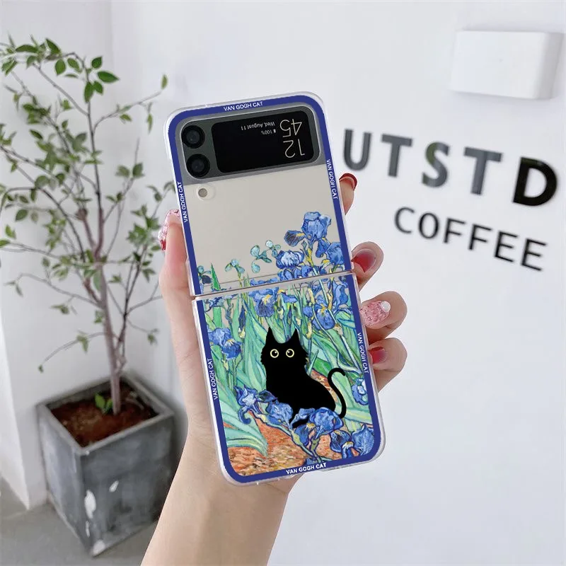 Aesthetic Black Cat Art Van Gogh Clear Folding Phone Case - Hard Cover for Samsung Z Flip Series