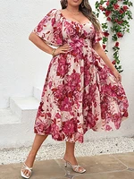 Plus Size Sweetheart Neckline Dress Floral Print with Ruffled Sleeves Feminine Elegant Summer Midi - Image 4