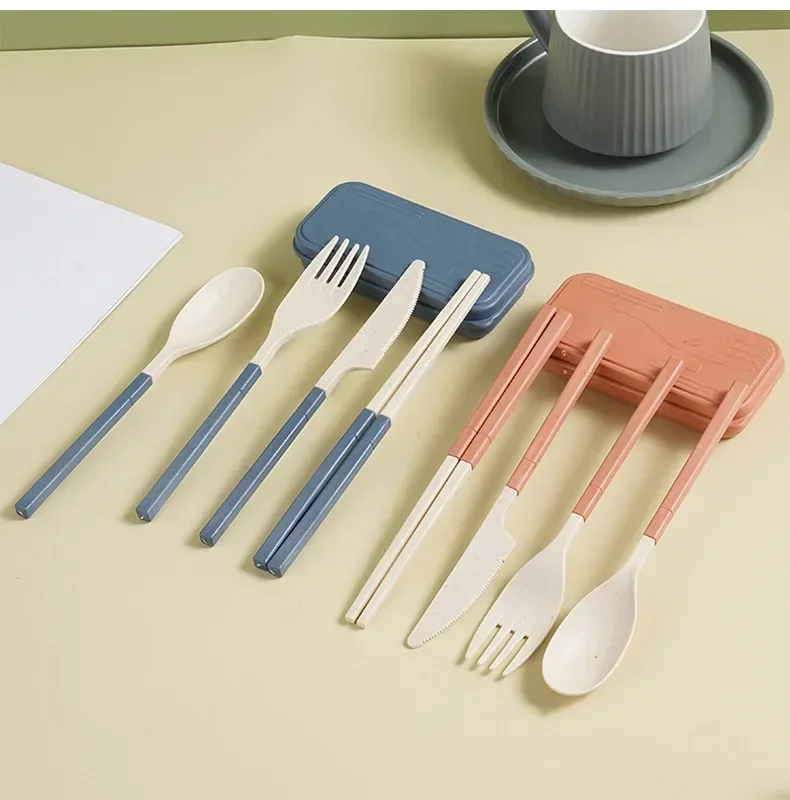Wheat Straw Cutlery Students Spoons Forks Chopsticks With Box Tableware Travel Portable Travel Detachable Kitchen Accessories