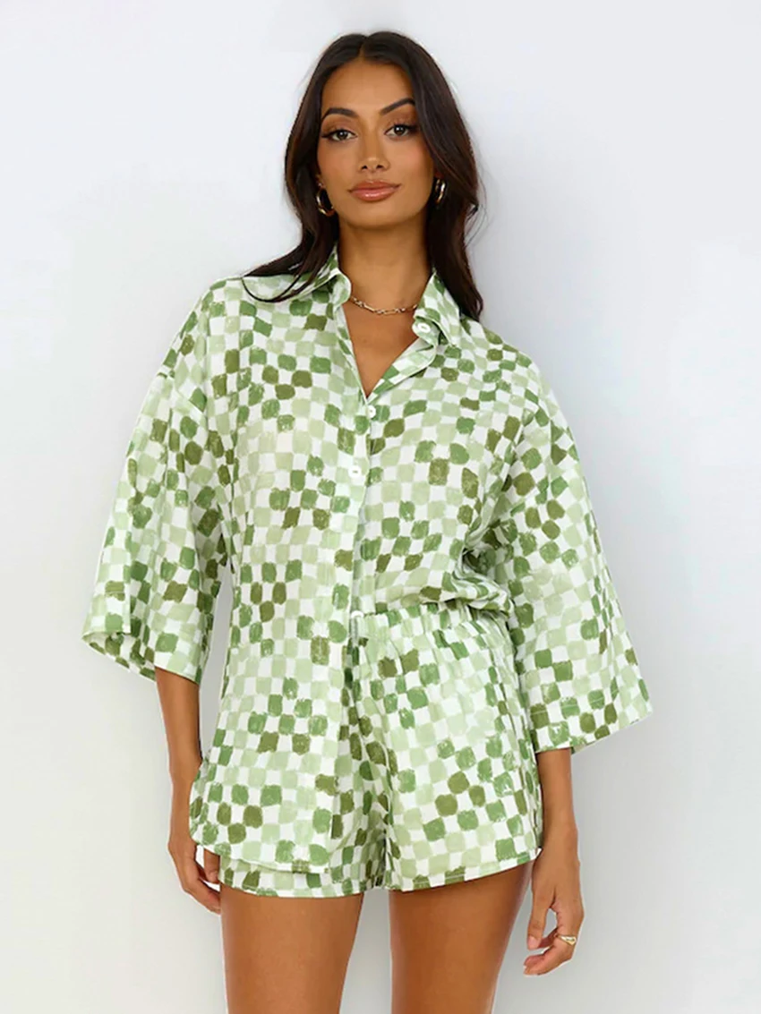 Marthaqiqi Fashion Printing Ladies Nightwear Suit Three Quarter Sleeve Pyjamas Turn-Down Collar Pajama Shorts Casual Nightie Set