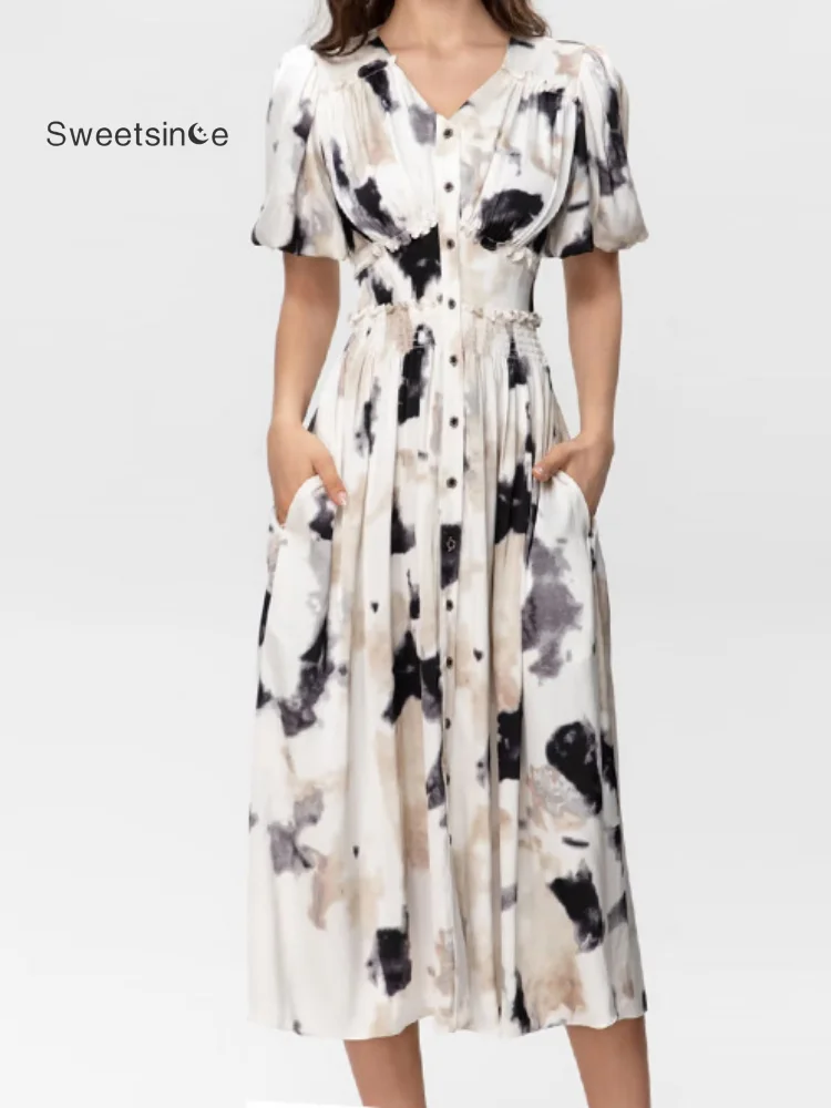 

Sweetsince Ink Print Dress Women 2023 European American Style Summer New Elegant V-neck Short Sleeve Single Breasted Female Wear