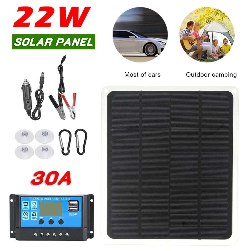 

22W Solar Panel Kit 12V Solar Battery Charger with USB Output 30A Solar Panel Controller for Mobile Phone Car RV Ship Camping