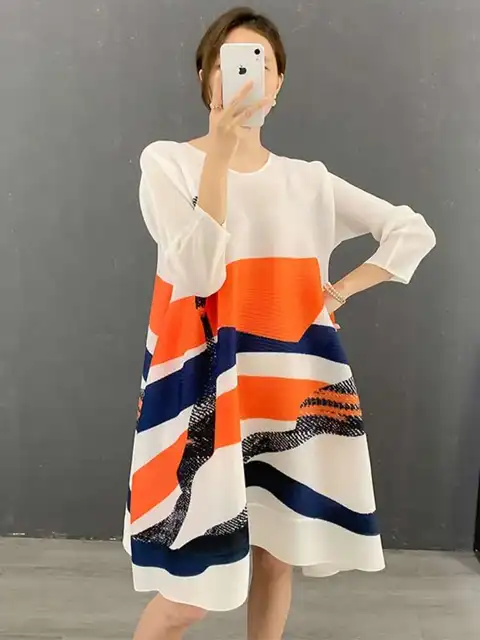 LANMREM Pleated Printed Color Block Dress Women 2025 Spring And Summer New Loose Casual Large Hem Dresses Female Fashion 2M245