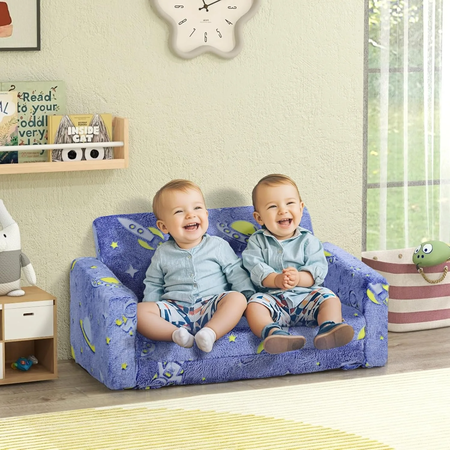 2 in 1 Kids Sofa Chair, Toddler Couch with Glow in The Dark Cosmic Patten, Washable Cover 2