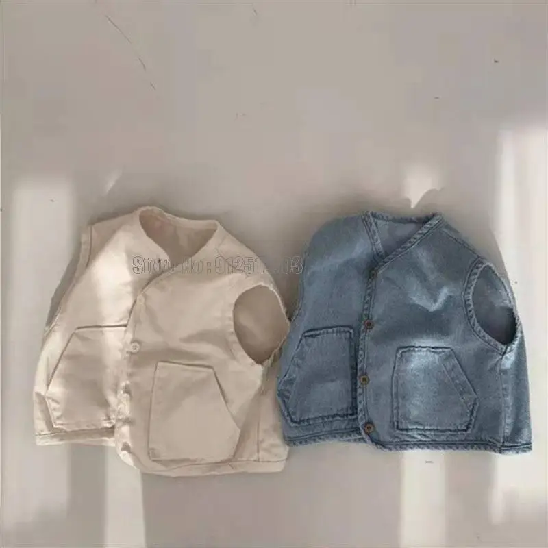 New Baby Sleeveless Denim Vest Casual Kids Jacket Loose Boys Pocket Coat Autumn Fashion Girls Clothes