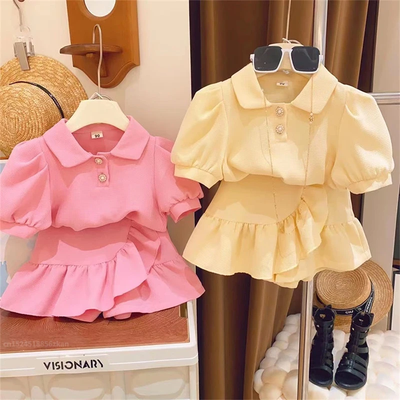 

Girls Clothes Sets Summer Lapel Shirt+Shorts Short Sleeve Tops 2Pcs Children Casual Clothing Suits Toddler Girl Clothes 2-7Yers