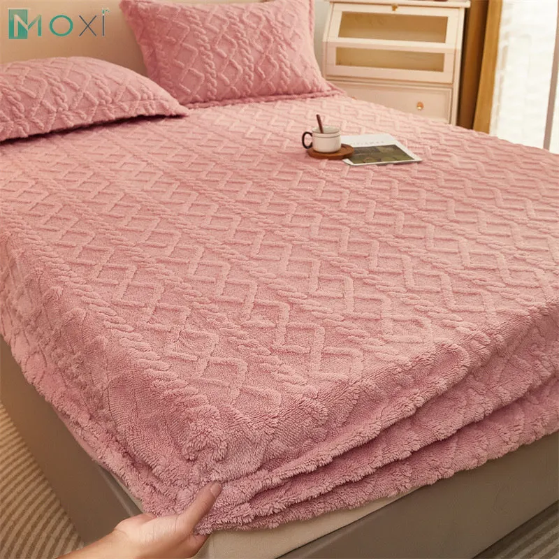 

150/180/200CM Soft Warm Coral Fleece Mattress Cover Gray Solid Color Velvet Mattress Cover King Queen Twin Size Fitted Bed Sheet