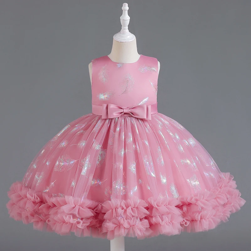 

C307 New Girls' Dress Sleeveless Mesh Puffy Short Princess Evening Bow Host Performance Birthday Gift