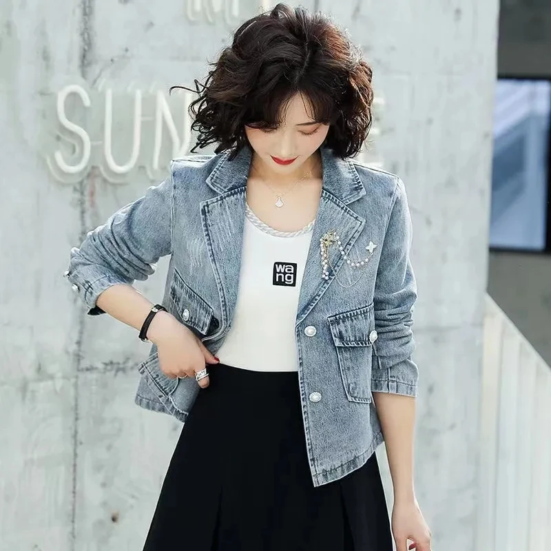 Women's Denim Jacket New Outerwear Korean Version Hong Kong Style Long Sleeve Chains Casual Three-Dimensional Decoration Jackets