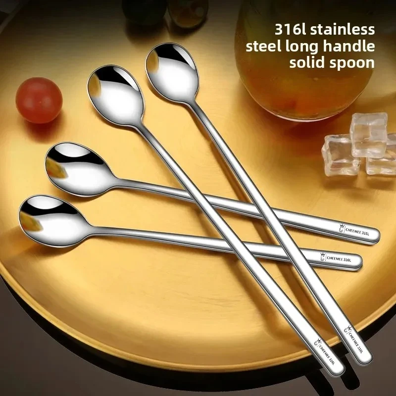 Thickened 316 Stainless Steel Coffee Spoon Long Bar Spoon Stirring Spoon Dessert Spoon Honey Spoon Kitchen Home Goods