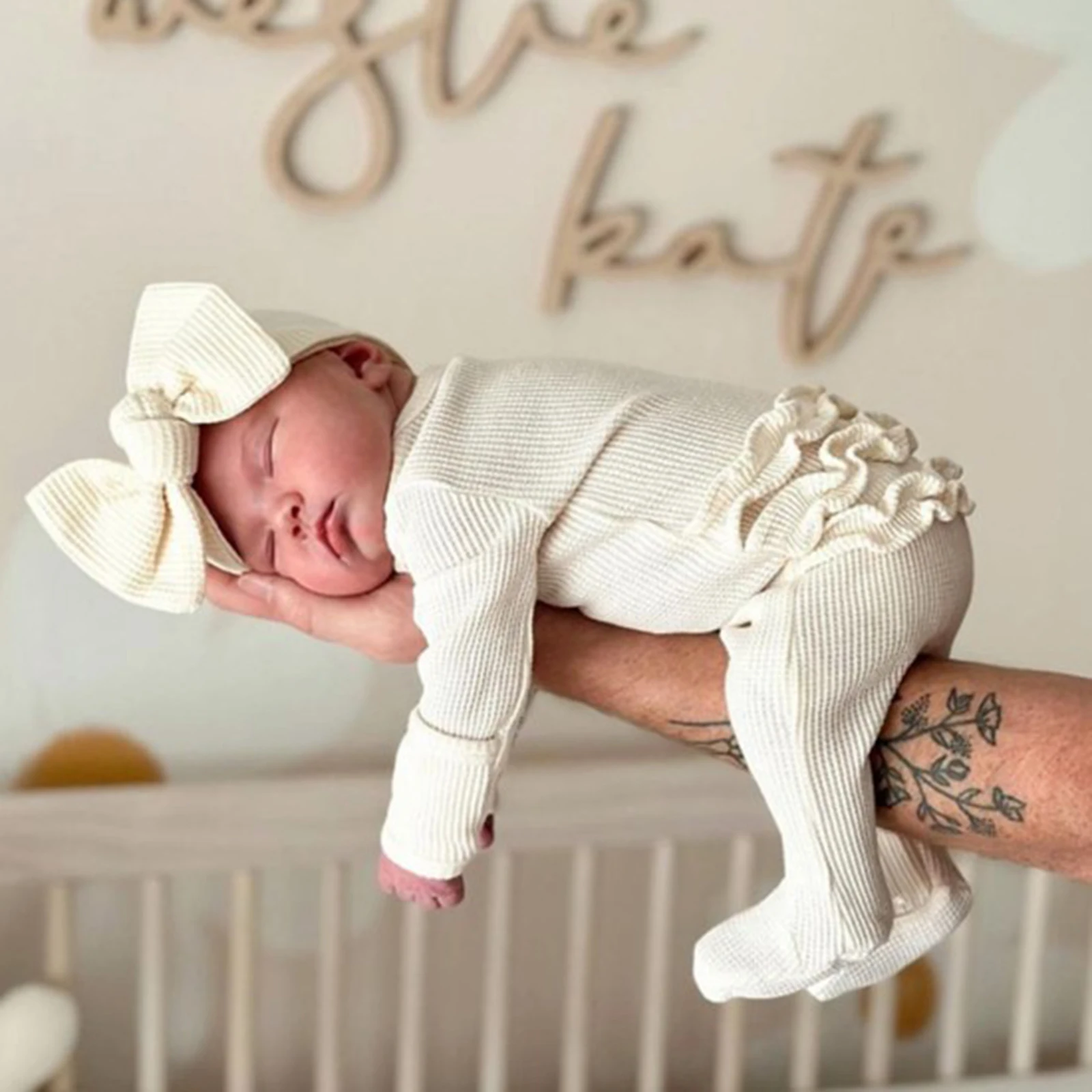 Baby Clothes Infant Girl Footies Rompers Solid Color Frills Crew Neck Long Sleeve Jumpsuits Newborn Bodysuits Headband