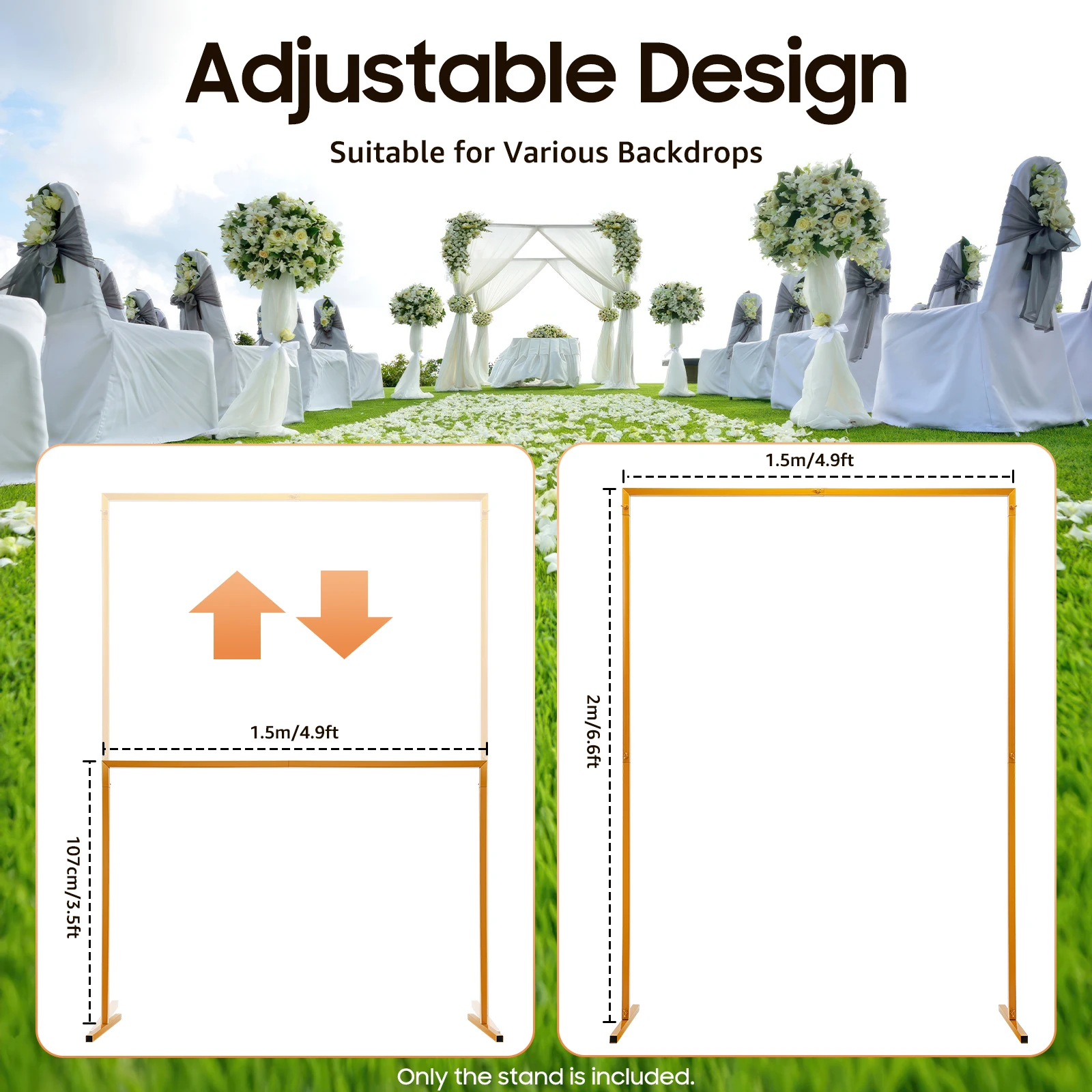 6.6x4.9Ft Wedding Arch Stand Metal Square Garden Backdrop Frame Height Adjustable Flower Balloon DIY Decor Rack Yellow for Party