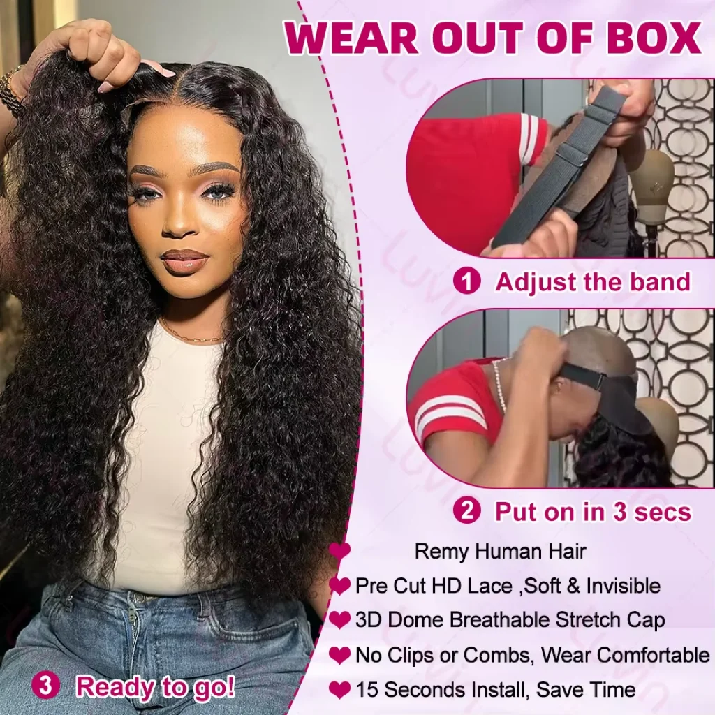 Luvin Glueless Deep Wave 13x4 13x6 HD Lace Frontal Human Hair Wigs Pre Plucked Curly Lace Front Wig 250% Ready To Wear 5
