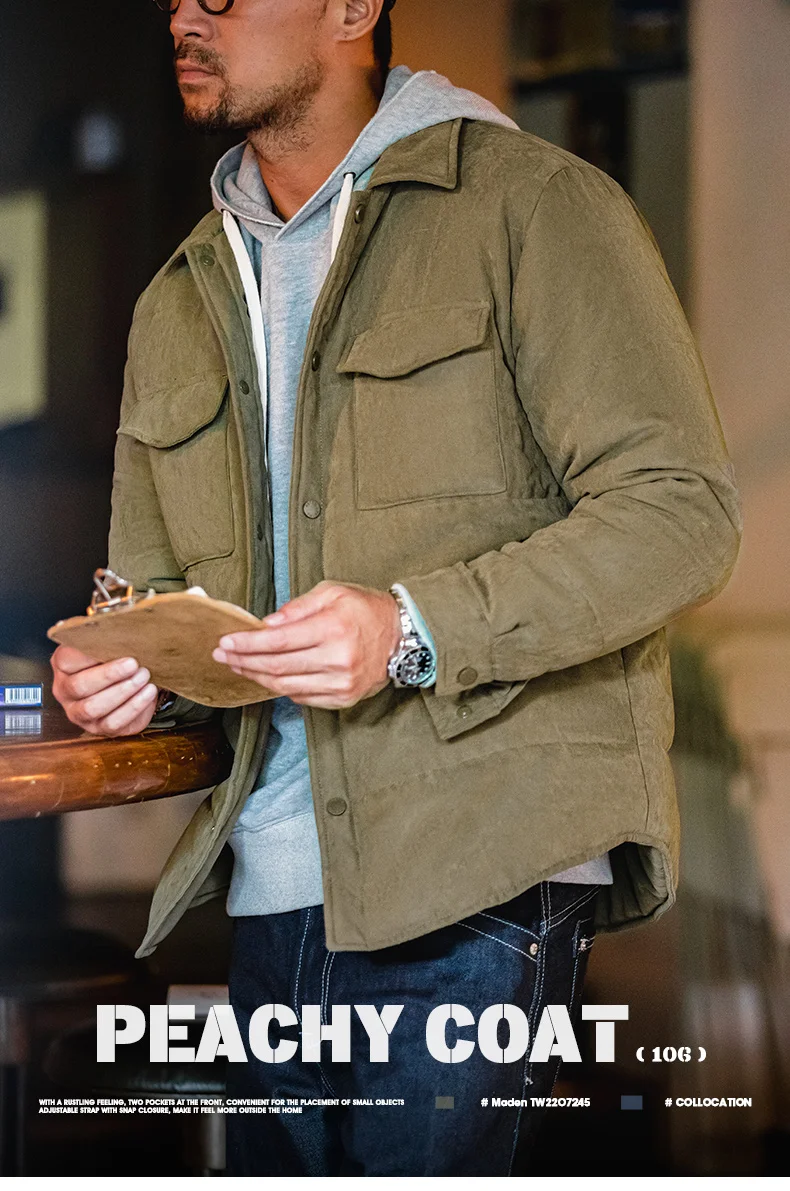 Maden Reversible Peach Pile Cotton Jacket for Men Anti-wrinkle and Warm Thickened Coat Fall and Winter Casual Multi-Pocket Parka
