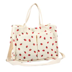 Charming Strawberry Patch Large Fabric Tote with Adjustable Shoulder Strap (White)