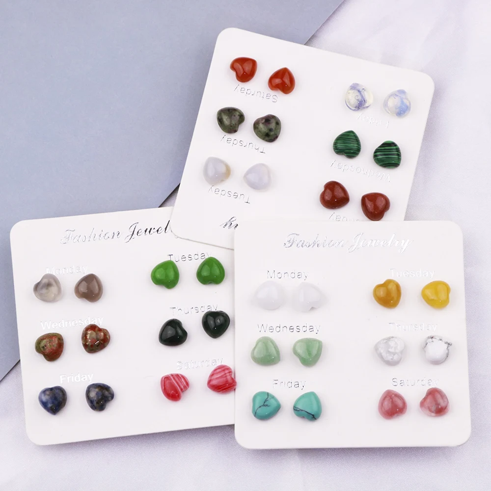 

12pairs Natural Stone Mini Heart Stud Earrings Pink Crystal Quartz Tiger Eye Opal Stainless Steel Earring Jewlry for Women