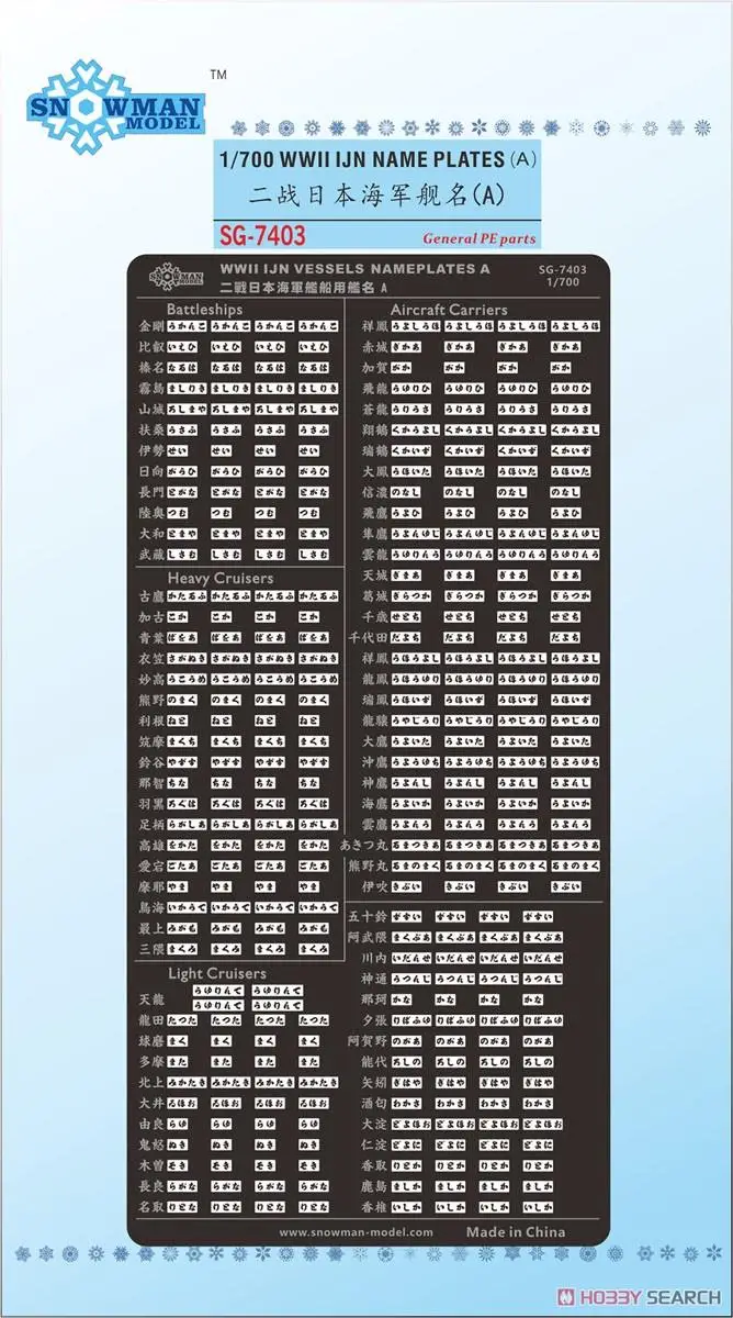 

Табличка с названием снеговика SG-7403 1/700 для кораблей Второй мировой войны (A)