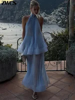 Costume élégant à ourlet à volants pour femmes, jupe plissée bleu clair, sans manches, gilet à lacets, jupe longue ample, tenue de printemps 2026 5