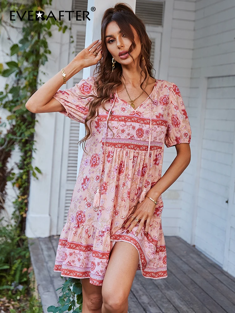 EVERAFTER Vintage Chic Fashion Women Dress Summer Ethnic Floral Print V-neck Lace-up Loose Boho Holiday Beach Mini Ladies |