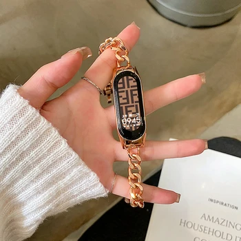 샤오미 미 밴드 8 7 6 5 4 3 스트랩 패션 얇은 슬림 체인 팔찌 미밴드 8 4 3 스테인레스 스틸 교체 손목 밴드 코레아 용