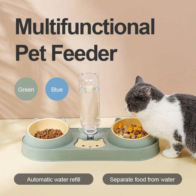 

Double Dog Cat Bowls with Water Dispenser Free Shipping Tilted Dishes for Indoor Pet Easily Detached Wet and Dry Food Bowl Set