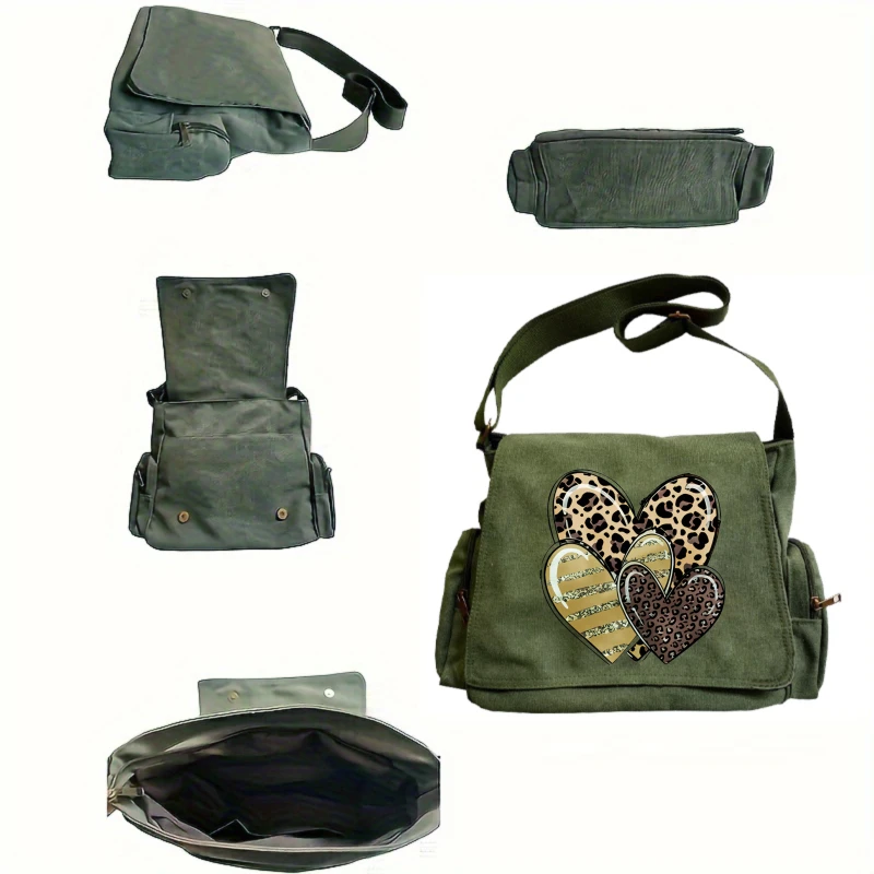 Fashion Women's Crossbody Bag Shoulder Bag Messenger Bag Canvas Leopard Hearts Large Capacity Daily Use