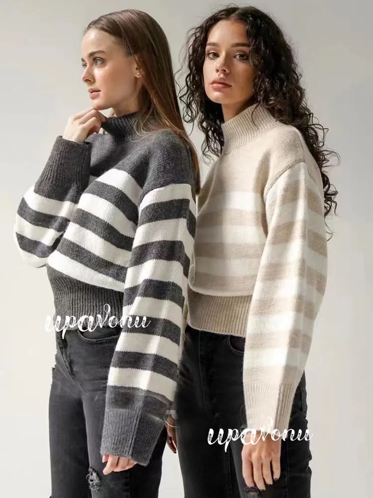 

Free Shipping Casual Women's Knitted Sweater Pullover in Autumn 2022 O Neck Long Sleeve Loose Stripe Women's Knitted Sweater