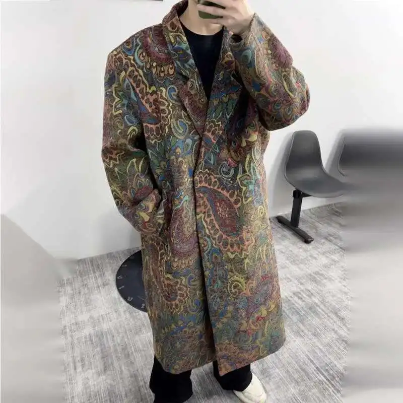 HKSH Notched Collar Original Design Shoulder Pads Loose High Sense Med Length Retro Pattern Windbreaker Fashion Chic Coat HK3354