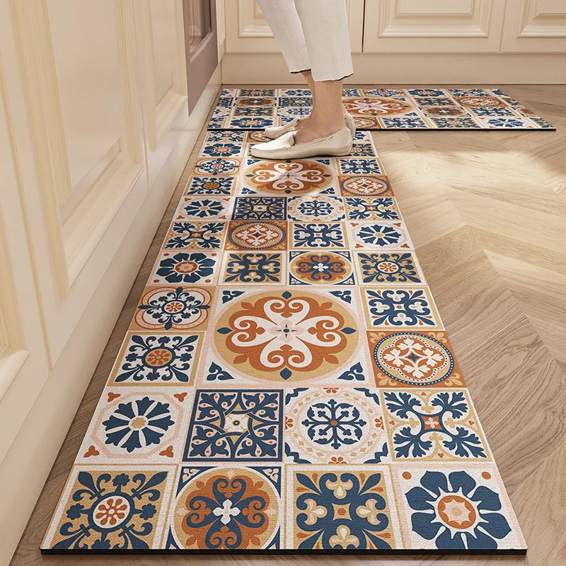 

Kitchen Absorbent Floor Mat Non-slip Carpet Home Decoration Vintage Tile Pattern Rug Long Strip Area Rugs Tapetes De Cocina