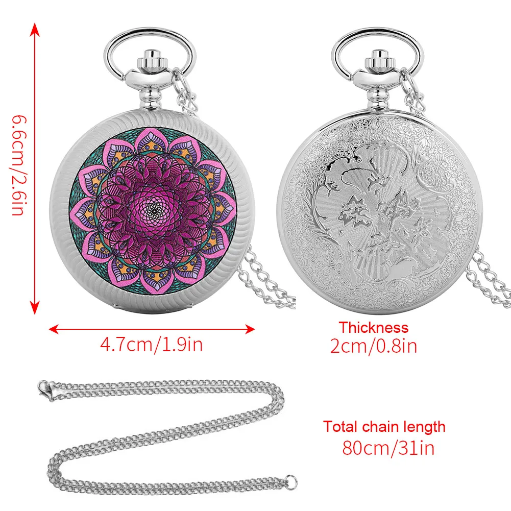 2023 New Glue Dropping Turntable Luck Turns Women's Quartz Big Pocket Watch Silver Shell Purple Flower Slim Chain Precious Gift