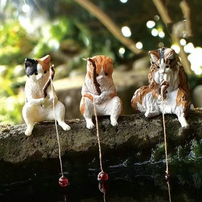 Ornament Crafts Fish Landscaping Fishing Cat Mini Resin Figurine Cartoon Cat Statue for Home Office Aquarium Decoration