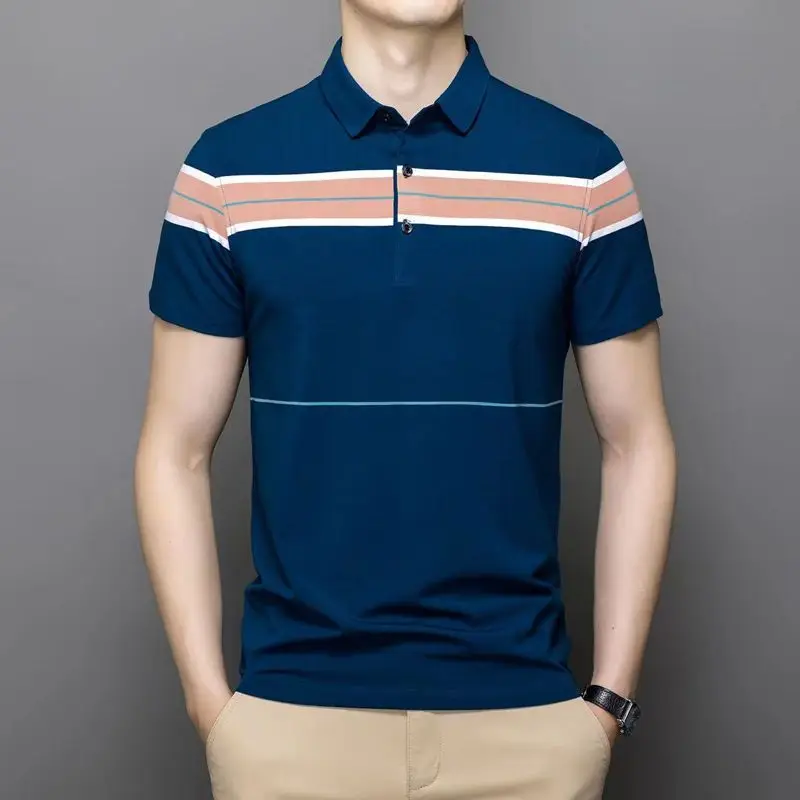 

Fashion Lapel Spliced All-match Striped T-Shirts Men's Clothing 2024 Summer New Loose Korean Tops Casual Short Sleeve Tee Shirt