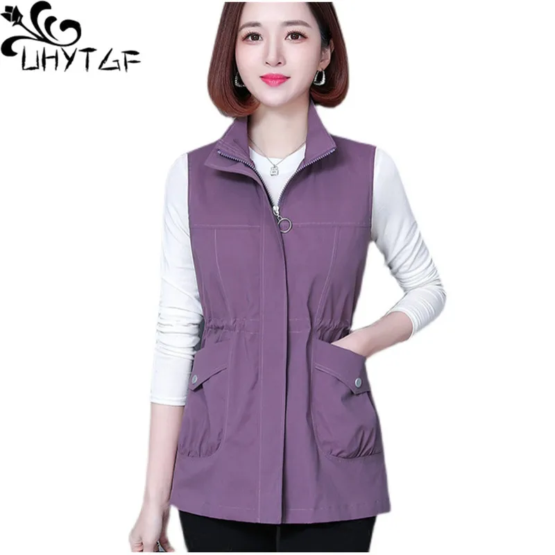 UHYTGF Spring Summer Vest Jacket Women's Korean Sleeveless Coat Female Thin Waistcoat Middle-Aged Mom Casual Tops Outerwear 2102 summer spring mesh thin multi pocket vest for male largesize male casual sleeveless jacket with many pockets reporter waistcoat