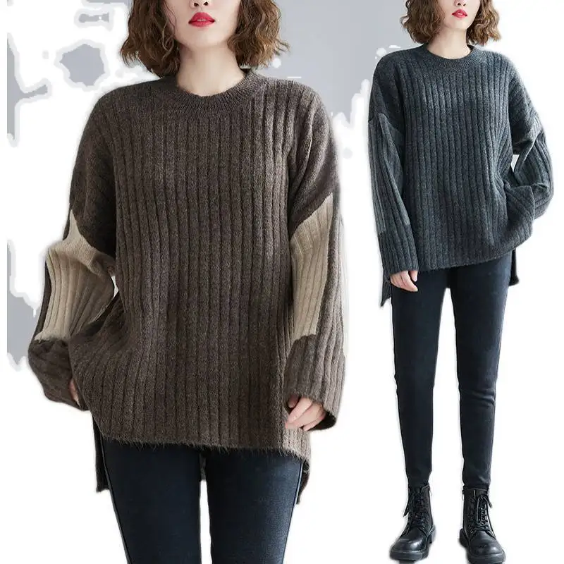 

Winter Women Sweaters Fashion Casual Large Size Round Neck Casual Sweater Lady Long Sleeve Color Blocking Loose Knitted Tops