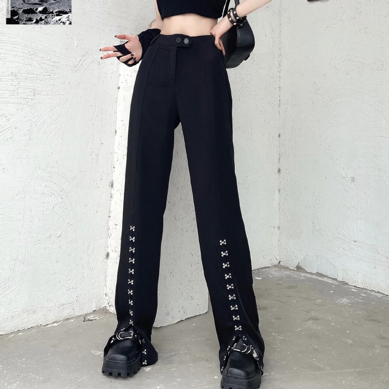 JMPRS High Street Women Black Pants Fashion Gothic Summer High Waist Split Fork Loose Straight Full Pants Y2K Female Trousers khaki pants